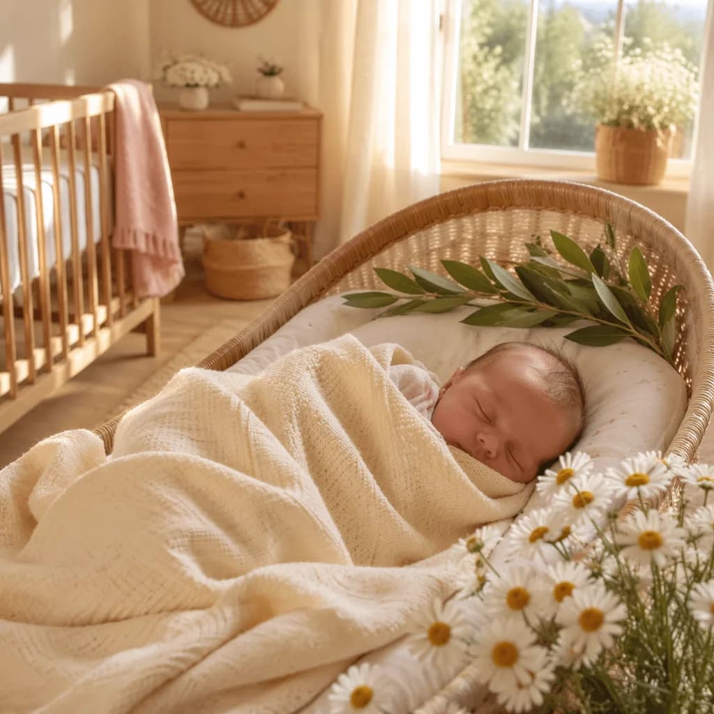 A peaceful pastel nursery with a swaddled baby, daisies, laurel leaves, and soft morning light.