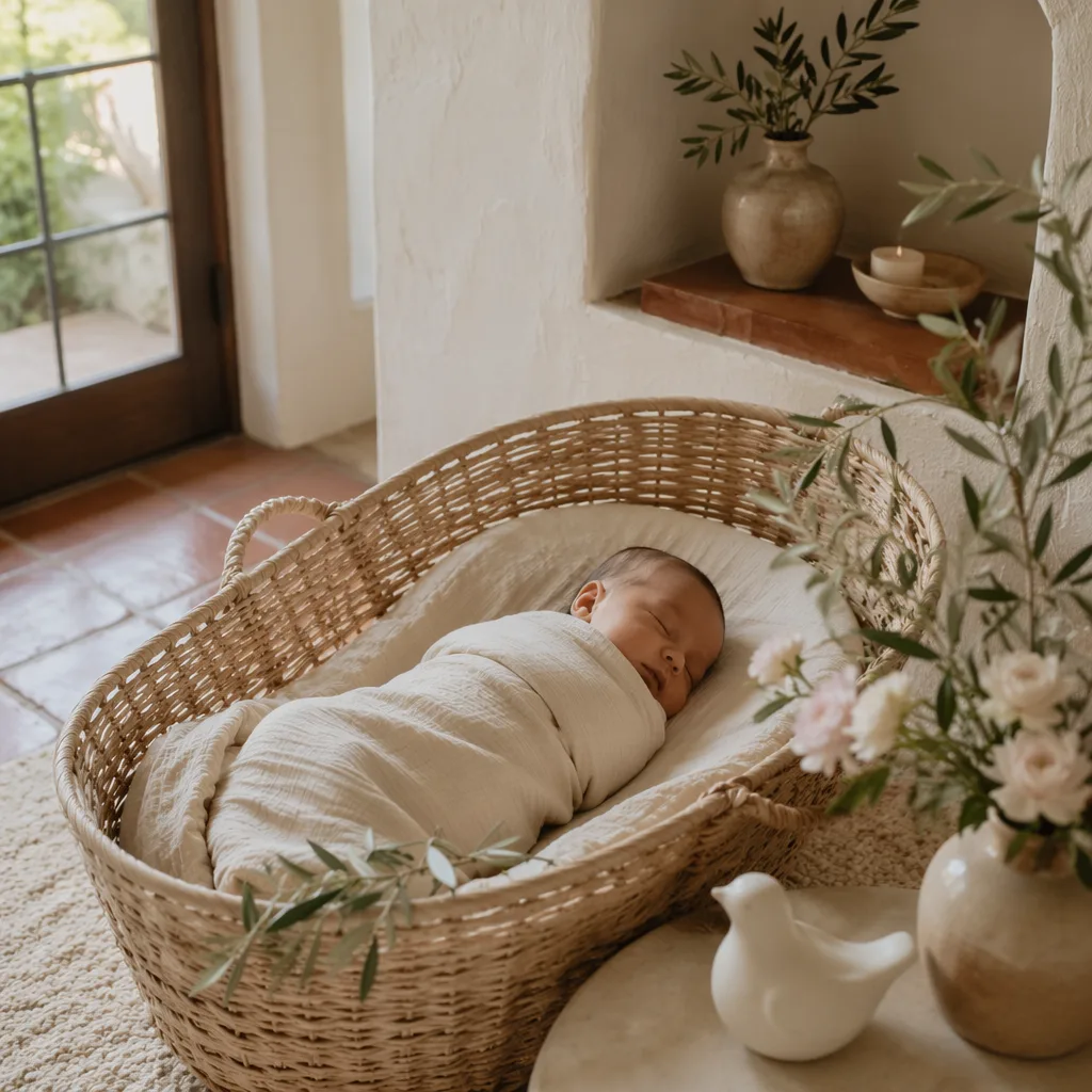 Peaceful swaddled baby in a soft Spanish-inspired nursery with olive branches and pastel flowers.