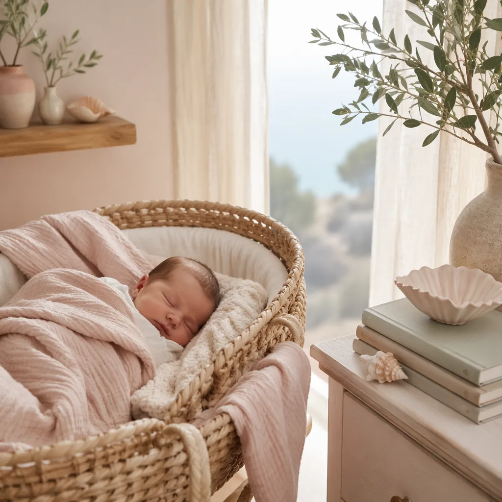 Sleeping newborn in a soft pastel Mediterranean-inspired nursery.