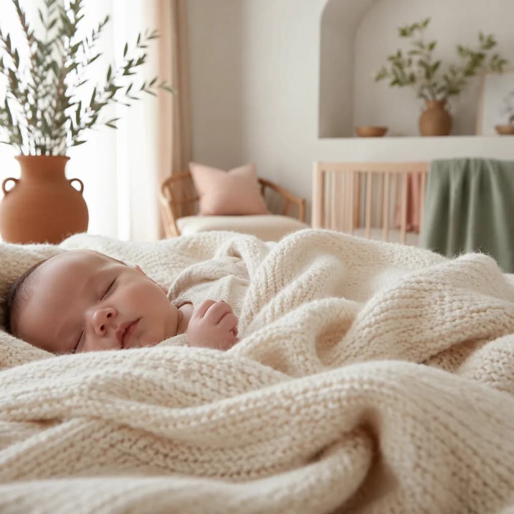 A cozy pastel nursery scene with a resting baby, olive branches, and soft natural light.