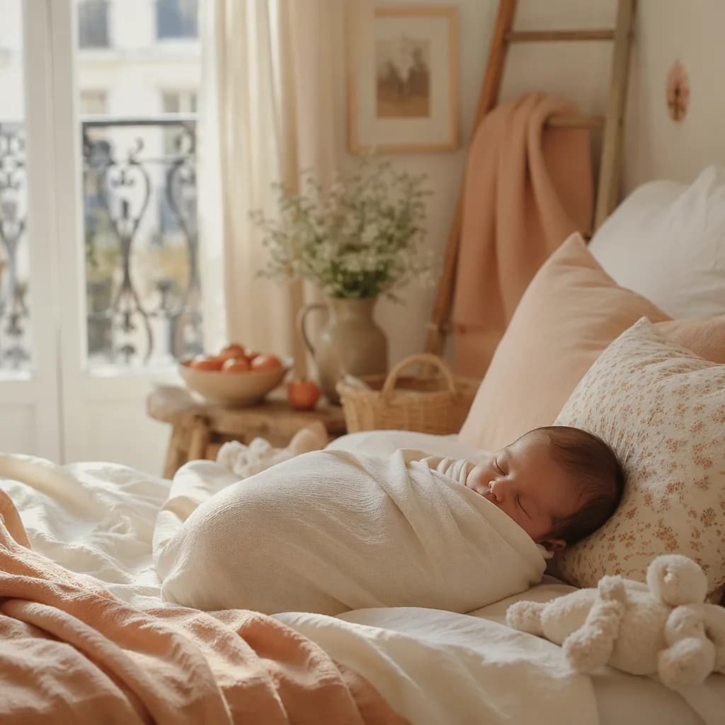 A peaceful French-inspired nursery with a swaddled baby and soft clementine accents.