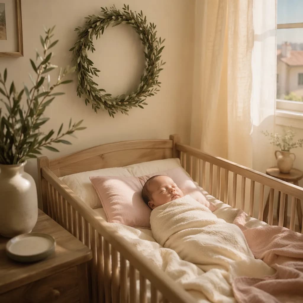 Sleeping newborn in a soft pastel French nursery with warm morning light and olive branches.