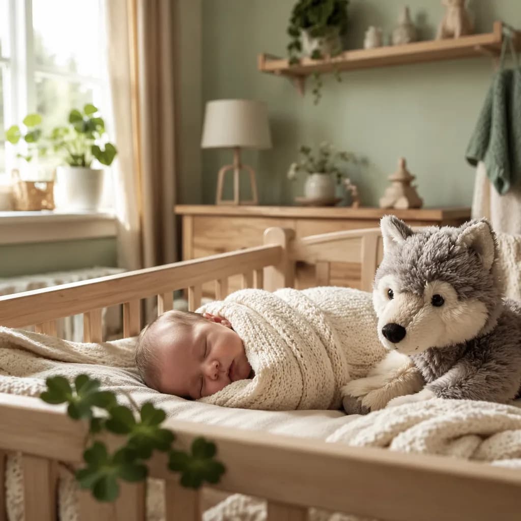 Sleeping newborn in a soft Irish-inspired nursery with a plush wolf and pastel green accents