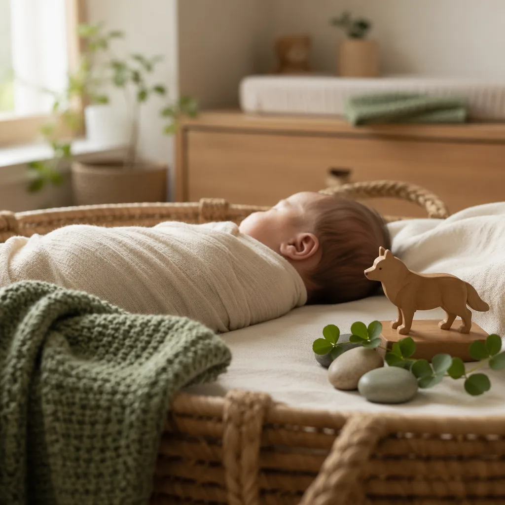 Sleeping baby in a cozy Irish-inspired nursery with a wooden wolf toy and soft pastel accents.