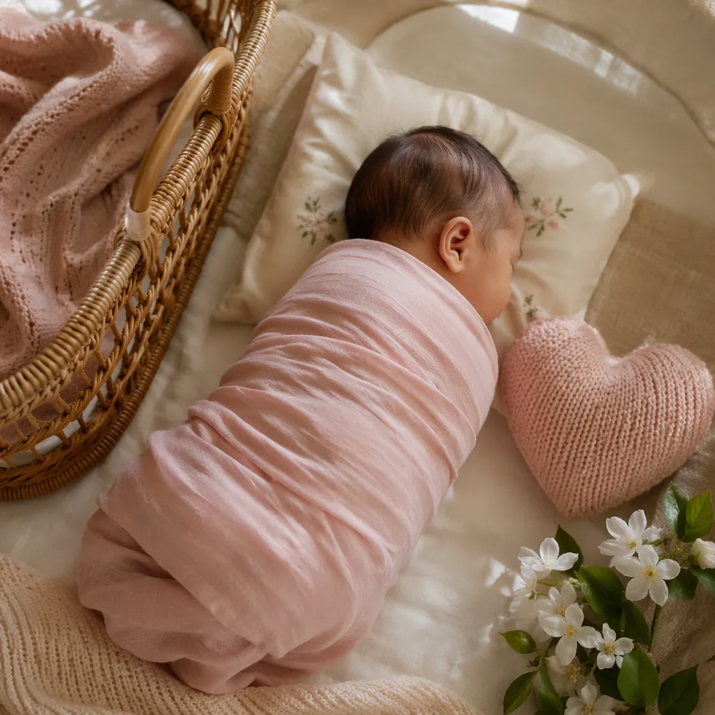 A softly lit nursery scene with a swaddled Filipino newborn, heart motif, and sampaguita flowers.