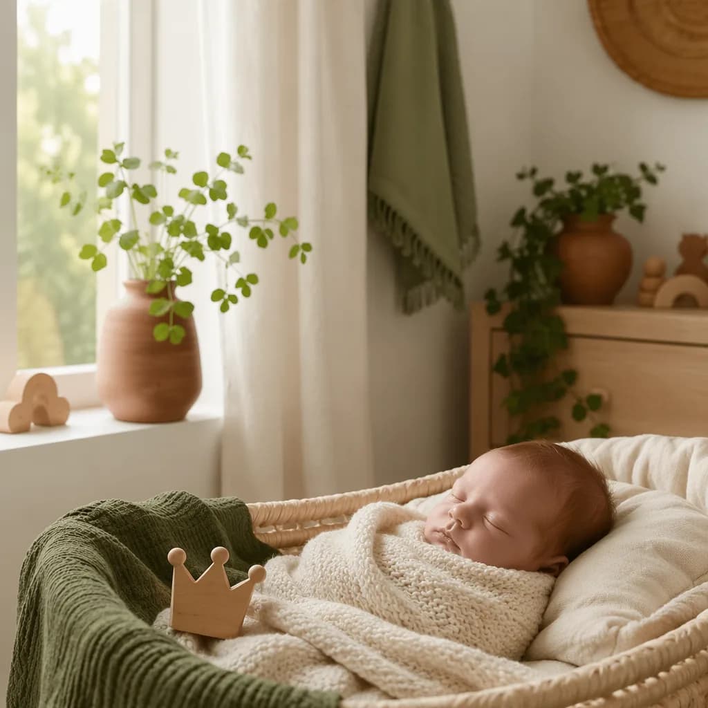 Sleeping baby in a cozy Irish-inspired nursery with soft green and auburn accents.