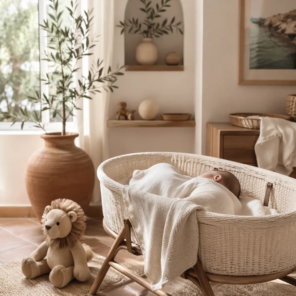 Soft Italian nursery scene with a sleeping baby, olive branches, and a plush lion.