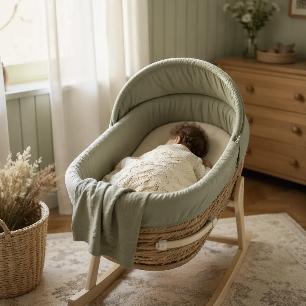 A peaceful nursery scene with a sleeping baby wrapped in soft blankets and gentle natural light.