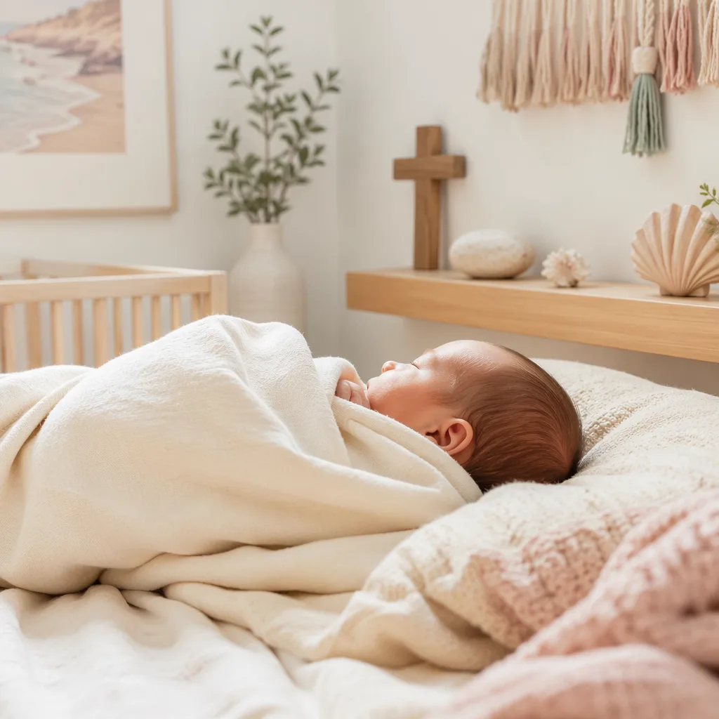 Sleeping Spanish baby in a soft pastel nursery with a wooden cross and coastal accents.