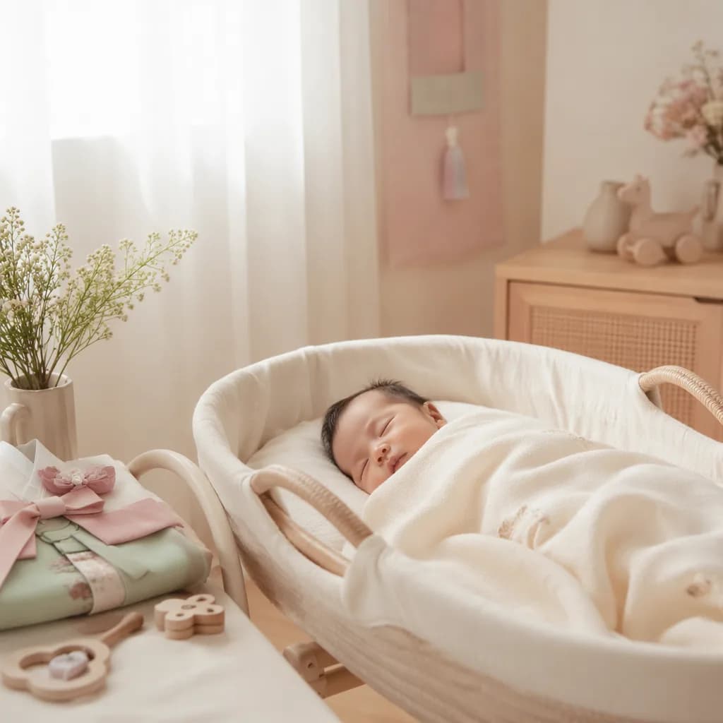 A serene Korean-inspired nursery with a peacefully sleeping newborn in soft natural light.