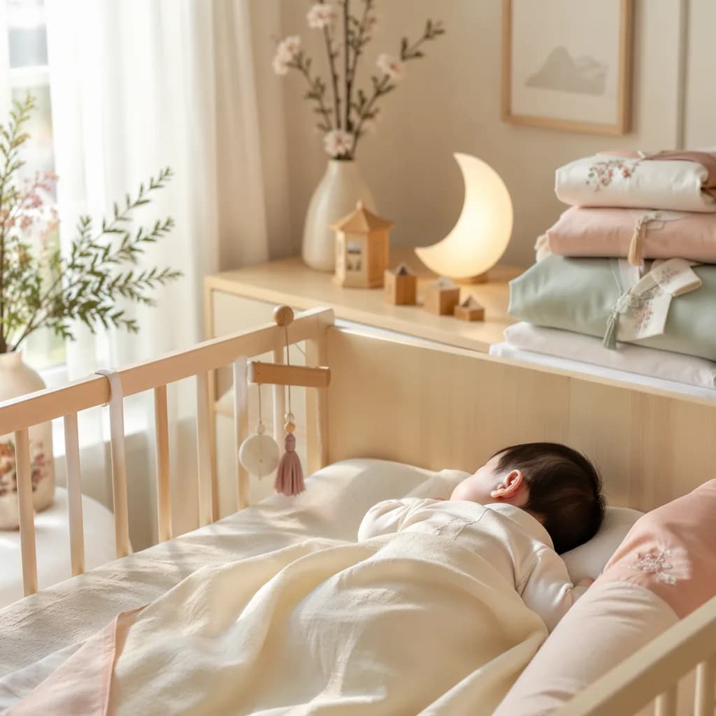 A peaceful Korean baby nursery with soft light, pastel decor, and a sleeping baby in a wooden crib.