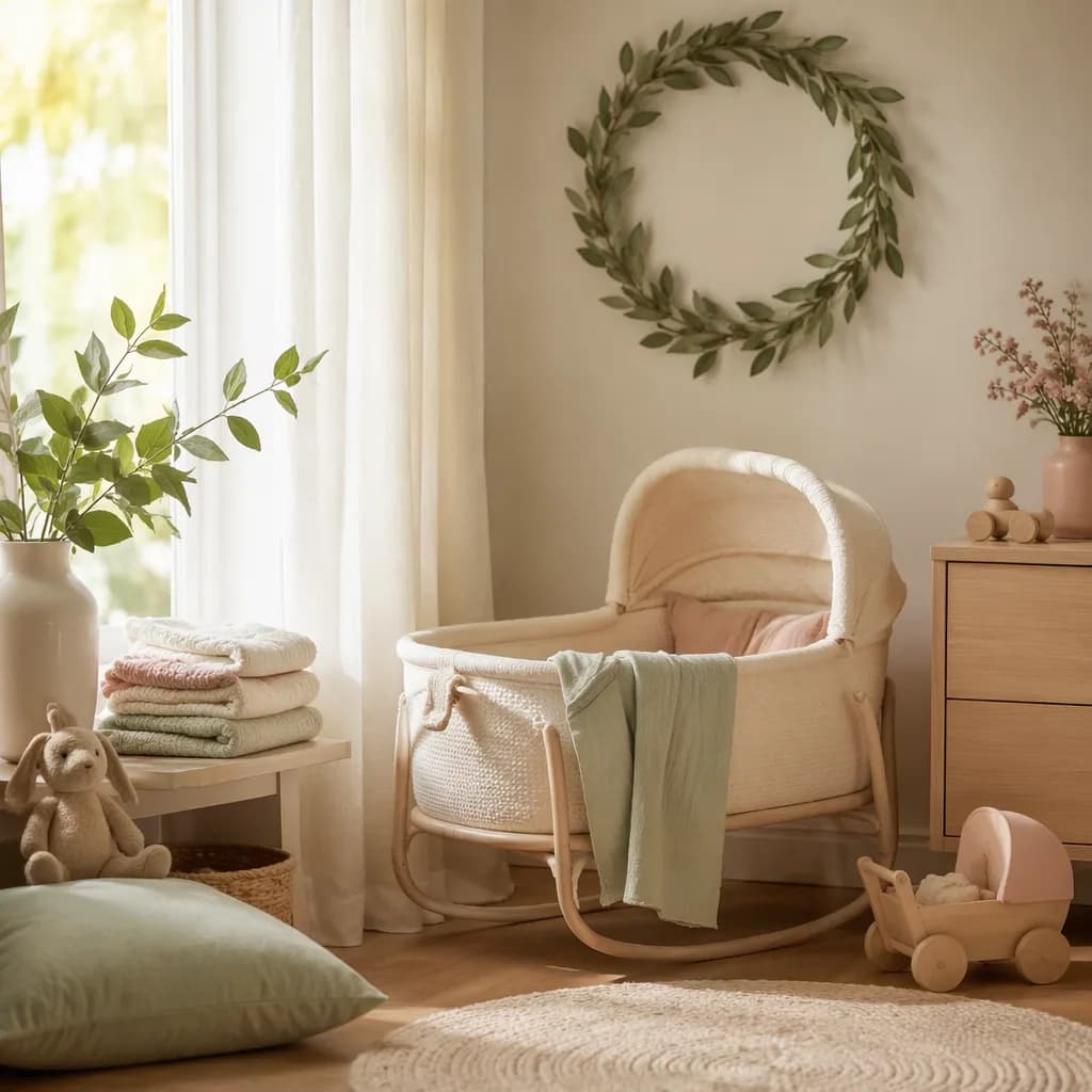 Cozy pastel nursery with a bassinet and laurel wreath inspired by the Hebrew name Dafna.