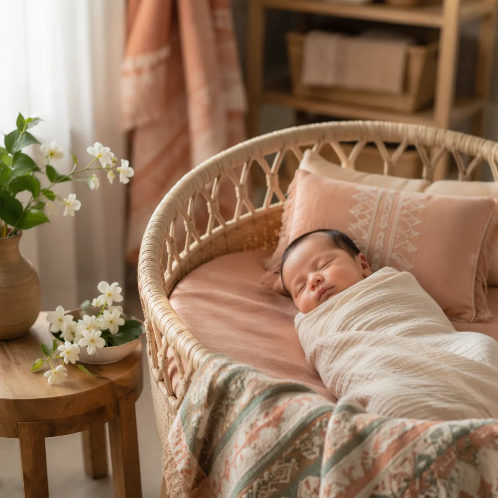 A peaceful swaddled baby in a softly lit nursery with Indonesian-inspired woven details and jasmine flowers.
