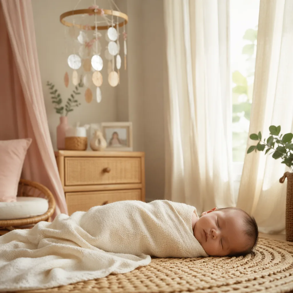 A peaceful Filipino-inspired nursery with a sleeping swaddled baby and soft natural light.