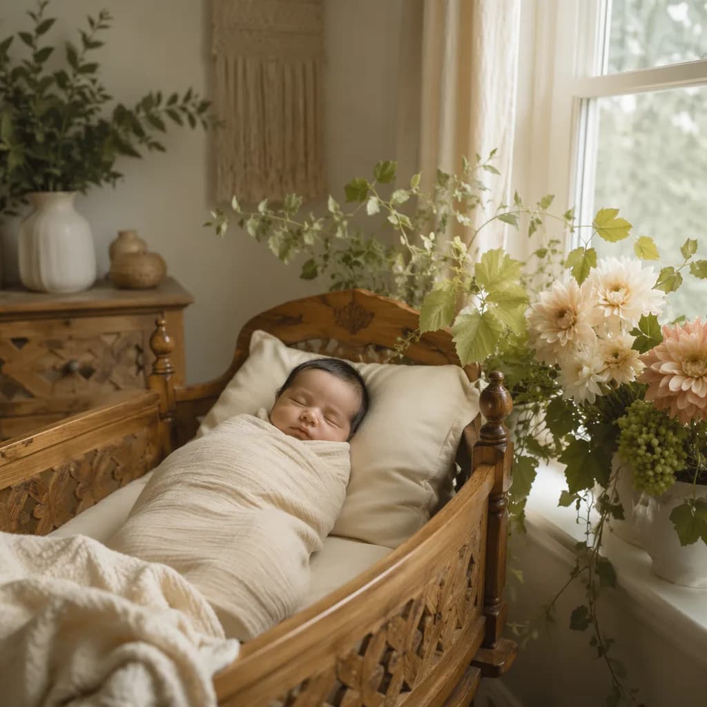 Sleeping newborn in a soft pastel nursery with dahlia flowers and gentle greenery.