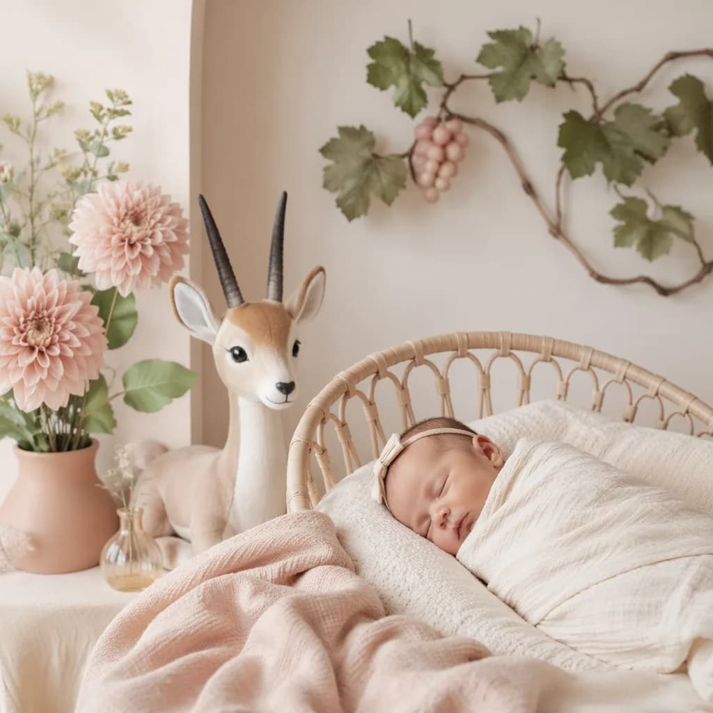 Soft pastel nursery with a swaddled baby, dahlia flowers, and a plush gazelle.