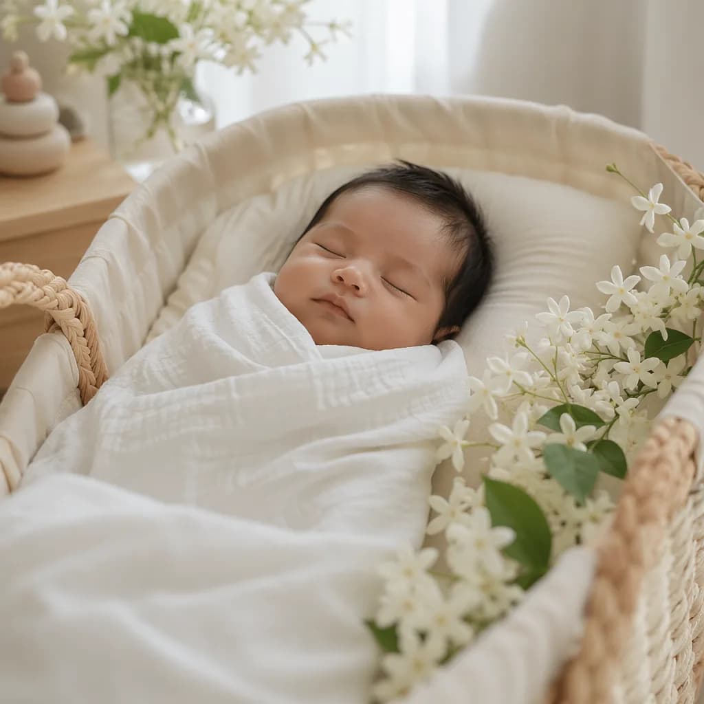 Filipino newborn sleeping in a soft pastel nursery with sampaguita flowers.