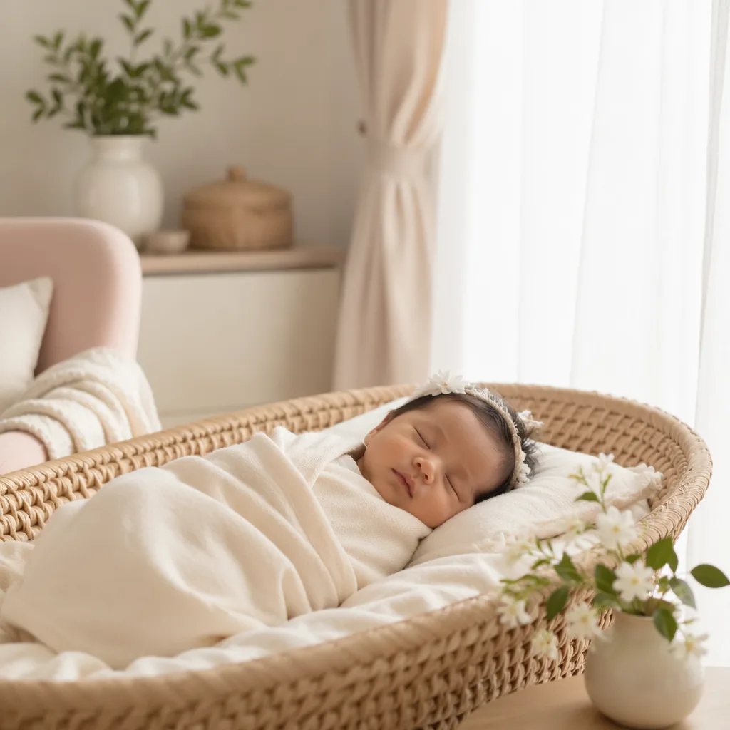A peaceful newborn in a soft pastel nursery with sampaguita flowers and gentle morning light.