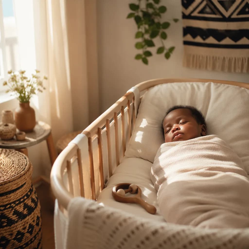 A softly lit modern nursery with a swaddled sleeping baby and gentle Igbo-inspired woven accents.