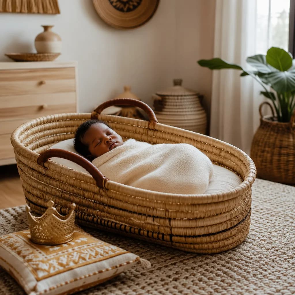 A softly lit Yoruba-inspired nursery with a swaddled newborn in a woven basket and a subtle crown motif.