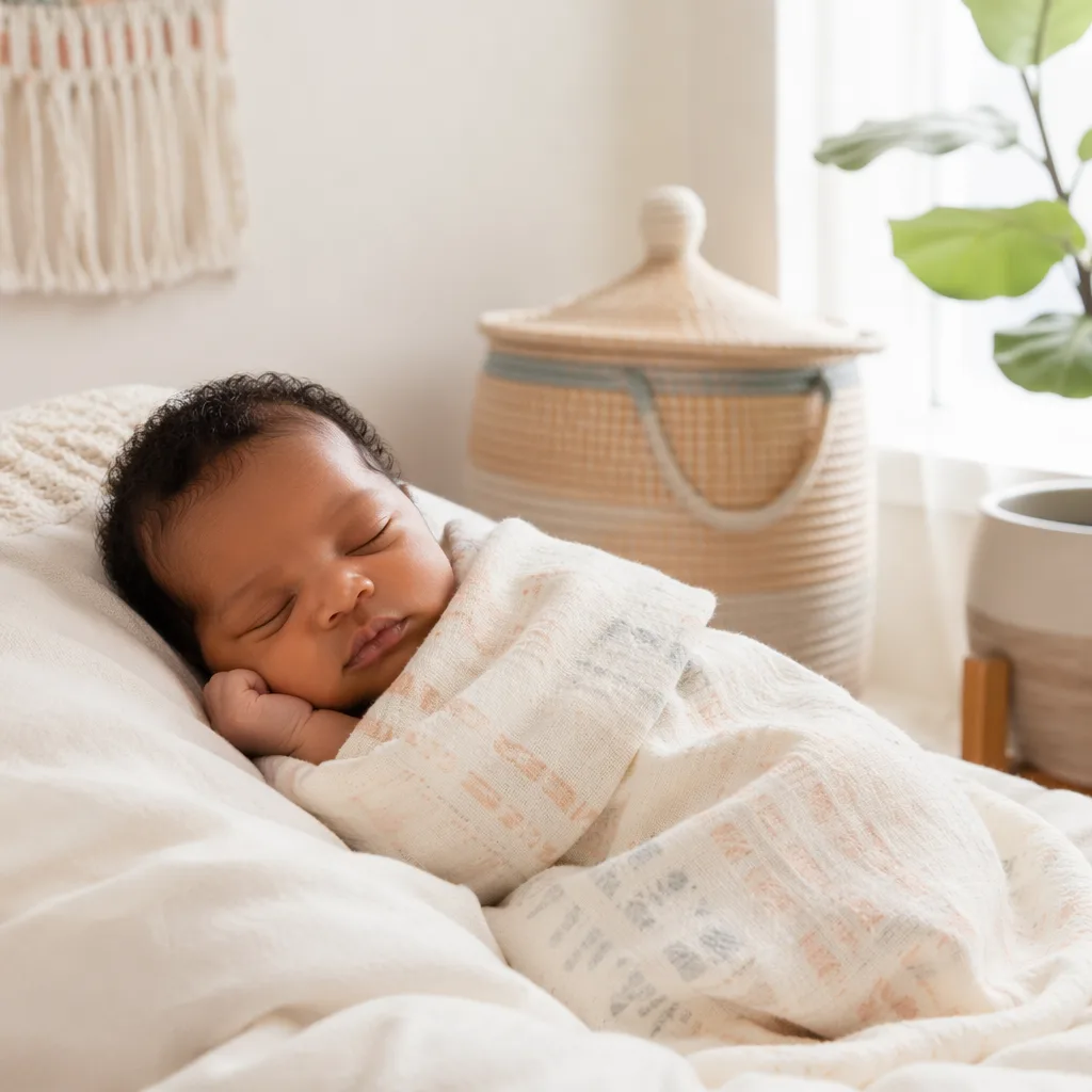 Peaceful newborn in a cozy nursery with soft Yoruba-inspired pastel details.
