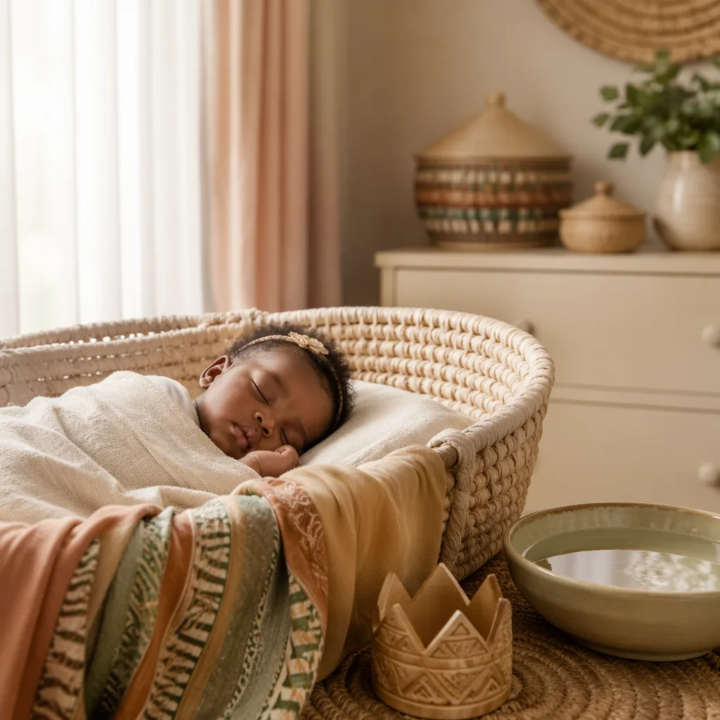 A peaceful Yoruba-inspired nursery with a sleeping baby, soft pastels, woven accents, and symbolic crown and water details.