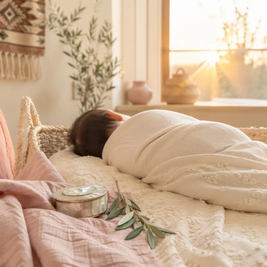A softly lit cozy nursery with a swaddled baby, pearl keepsake, olive branch, and warm pastel tones.