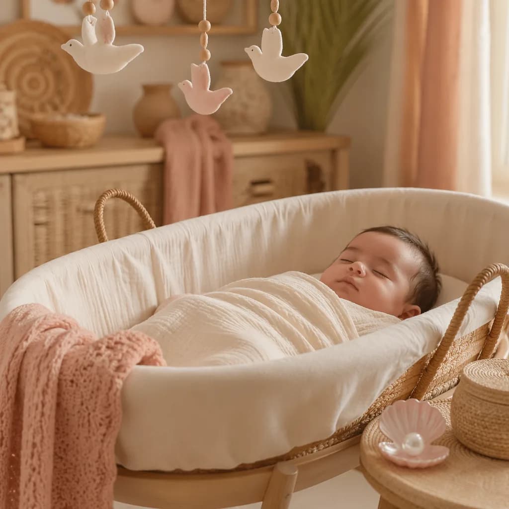 Sleeping baby in a soft pastel nursery with pearl and dove-inspired details.