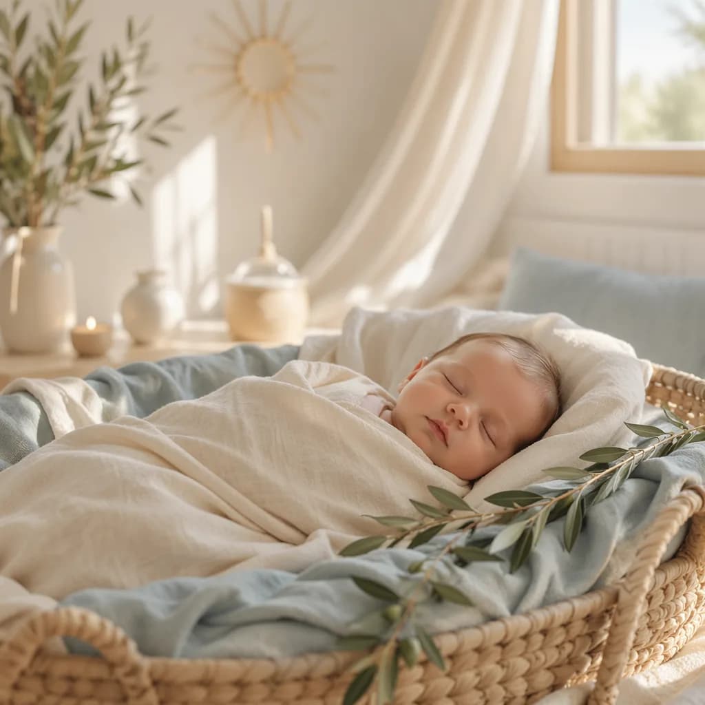 Sleeping newborn in a soft Greek-inspired nursery with olive branch accents.