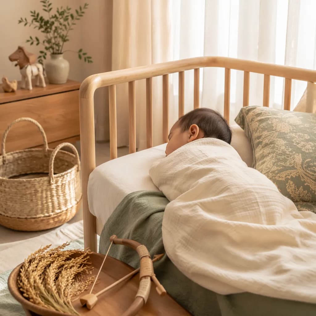 A peaceful Indonesian baby in a soft pastel nursery with warm light and subtle prosperity symbols.