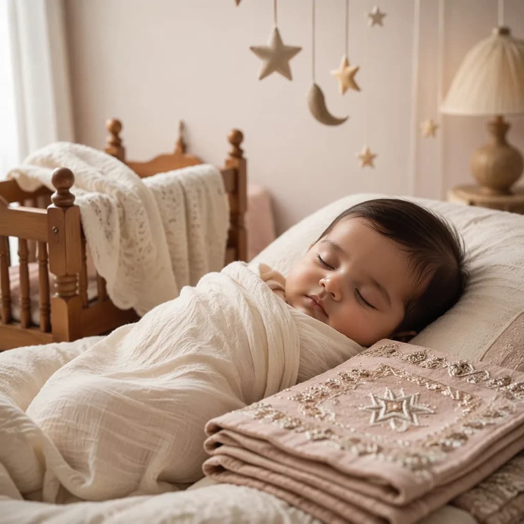 Peaceful baby in a soft pastel Urdu-inspired nursery with gentle natural light.
