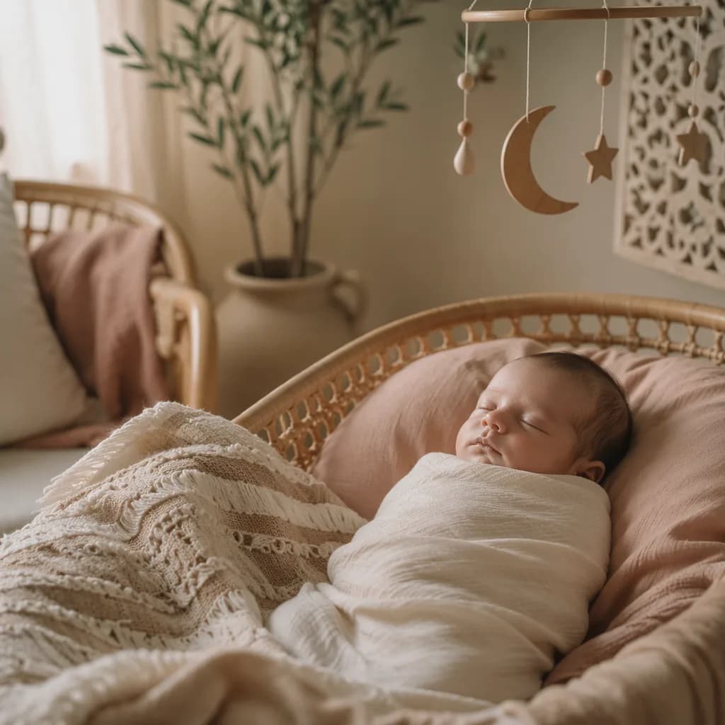 Sleeping newborn in a warm pastel Arabic-inspired nursery.
