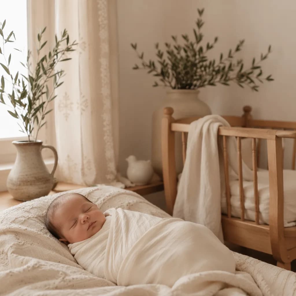 A softly lit pastel nursery with a swaddled newborn, olive branches, and cozy Portuguese-inspired decor.
