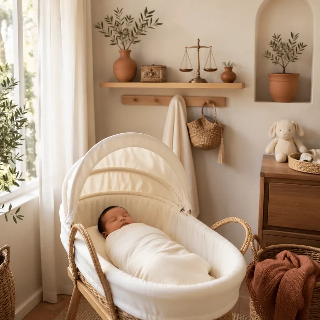 Peaceful Spanish-inspired nursery with a swaddled baby in soft natural light.