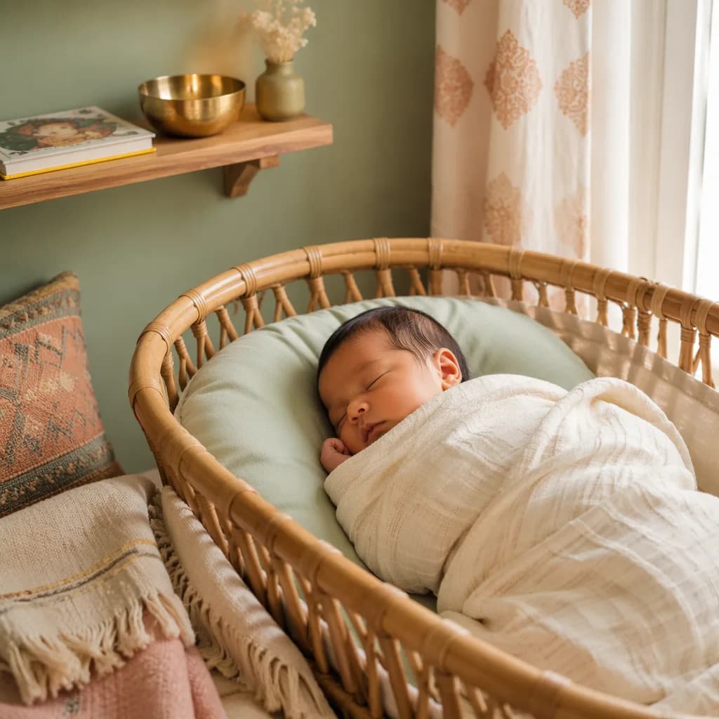 Soft pastel Punjabi-inspired nursery with a peacefully sleeping newborn and cozy heritage details.