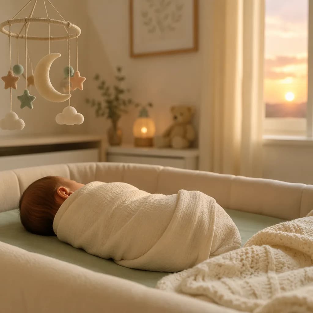 A softly lit pastel nursery with a swaddled sleeping baby and crescent moon mobile.