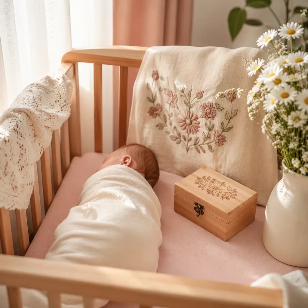 A softly lit pastel nursery with a swaddled Polish baby and delicate floral keepsakes.