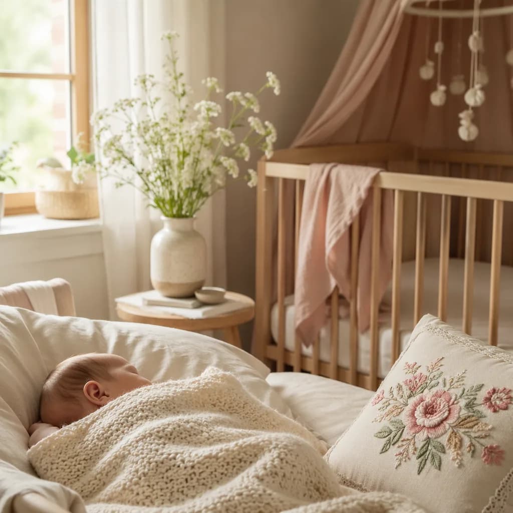 Soft pastel nursery scene with a sleeping baby and Polish-inspired floral details.