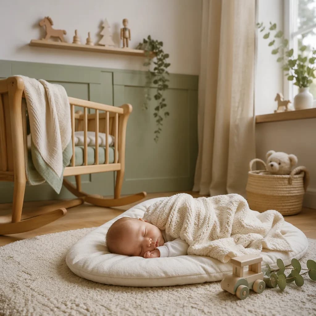 Sleeping baby in a soft pastel nursery with wooden toys and gentle natural light