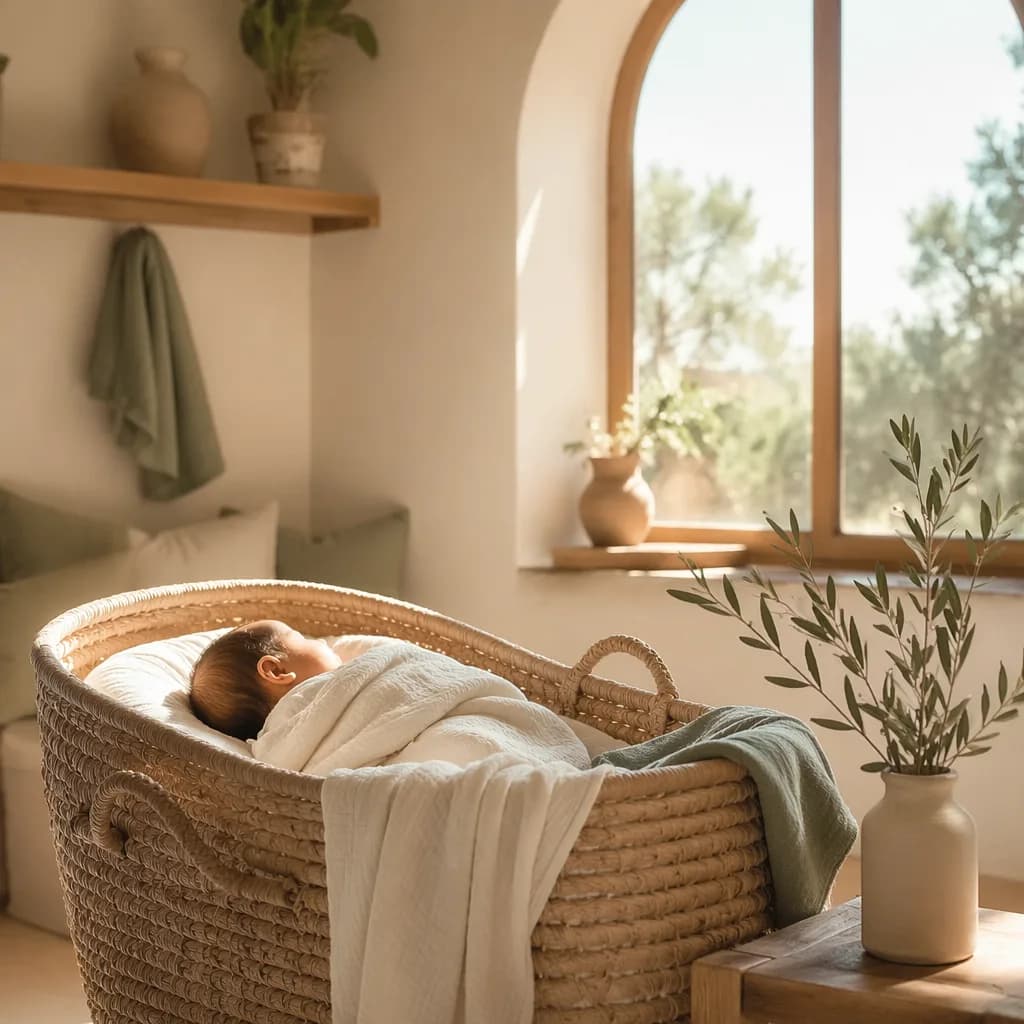 A peaceful newborn sleeping in a warm pastel Spanish-inspired nursery with soft natural light.