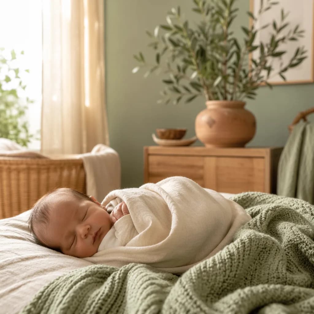 A cozy pastel nursery with a peacefully sleeping newborn and subtle Italian-inspired decor.