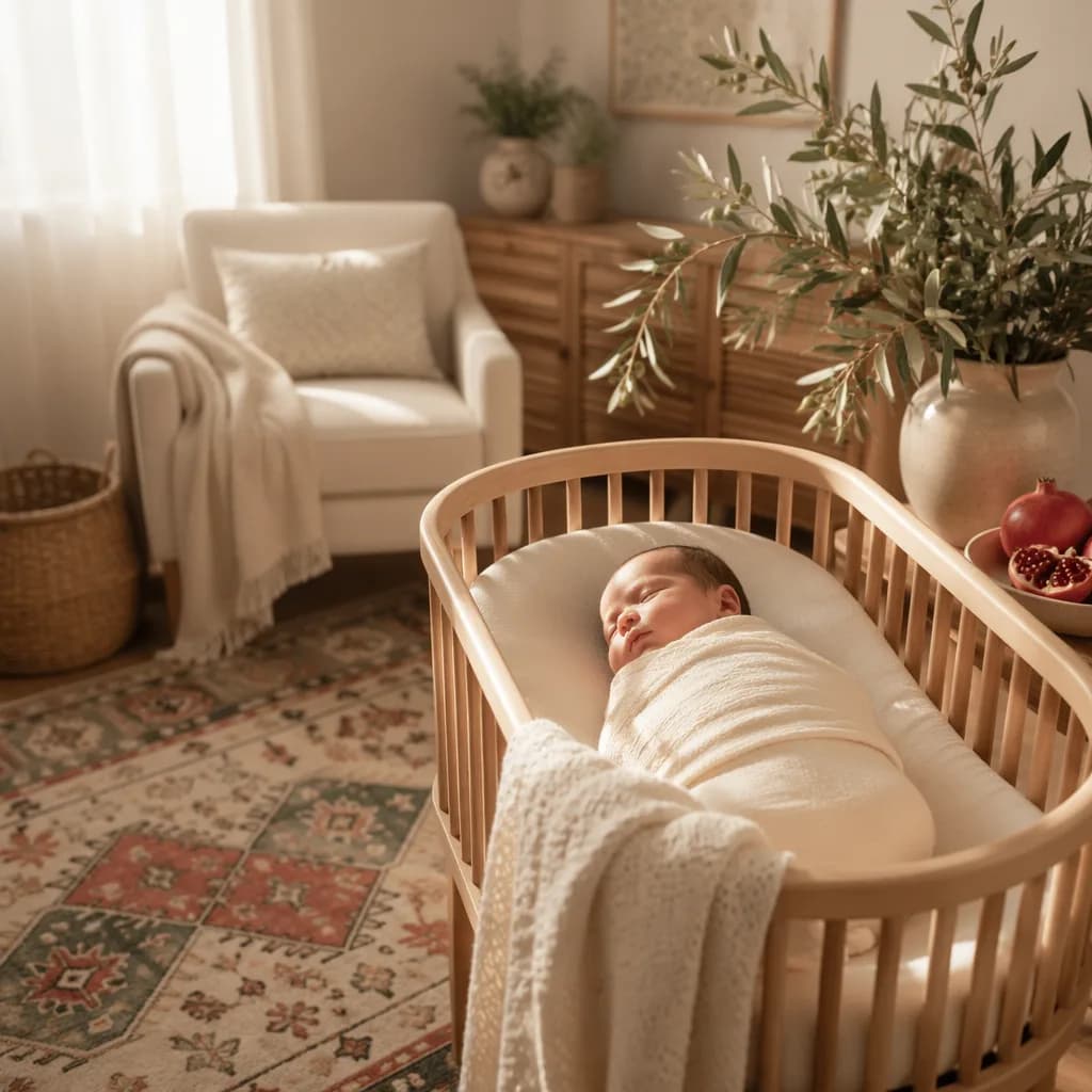 Sleeping newborn in a soft Persian-inspired nursery with warm pastel decor.