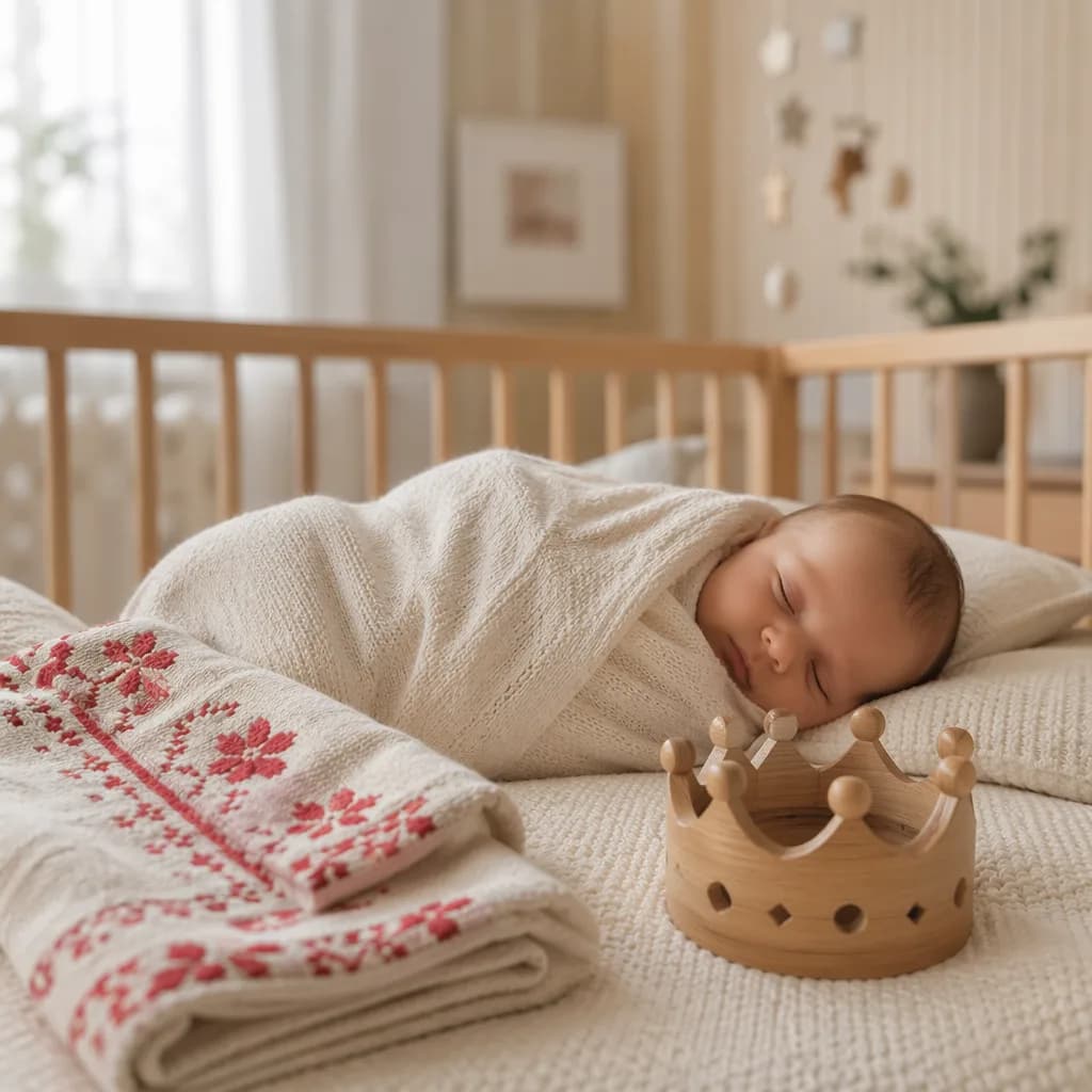 A softly lit cozy nursery with a sleeping swaddled baby and a small wooden crown.