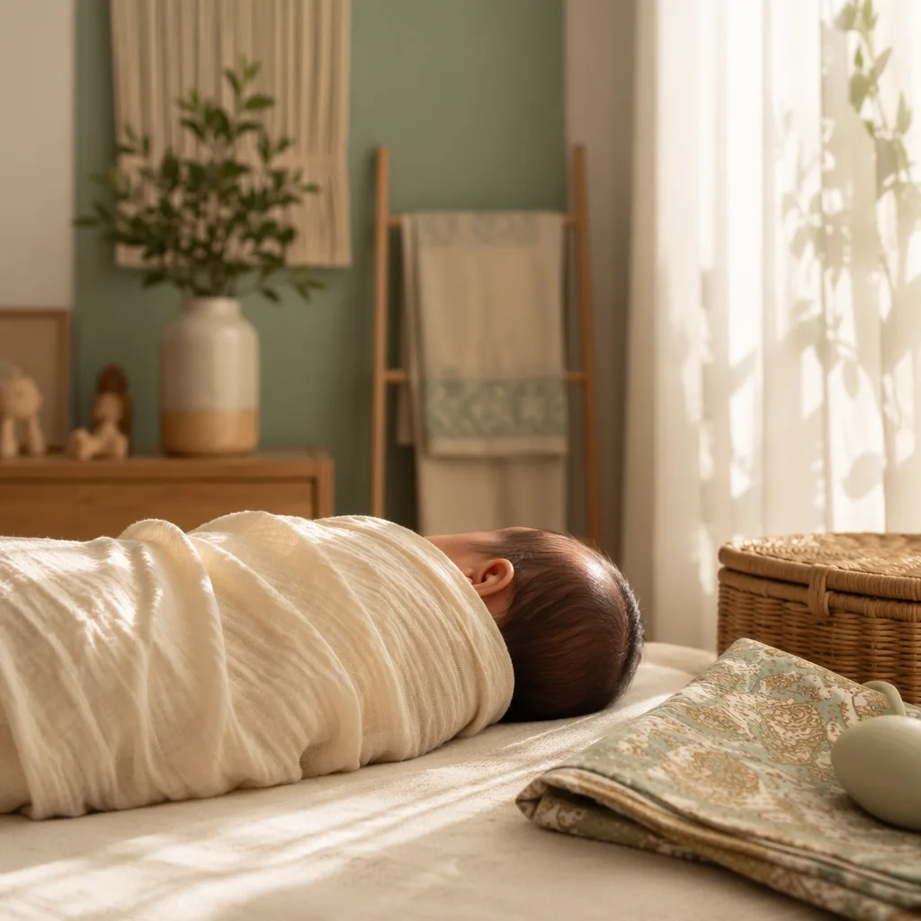 Sleeping Indonesian newborn in a cozy pastel nursery with soft batik-inspired details.