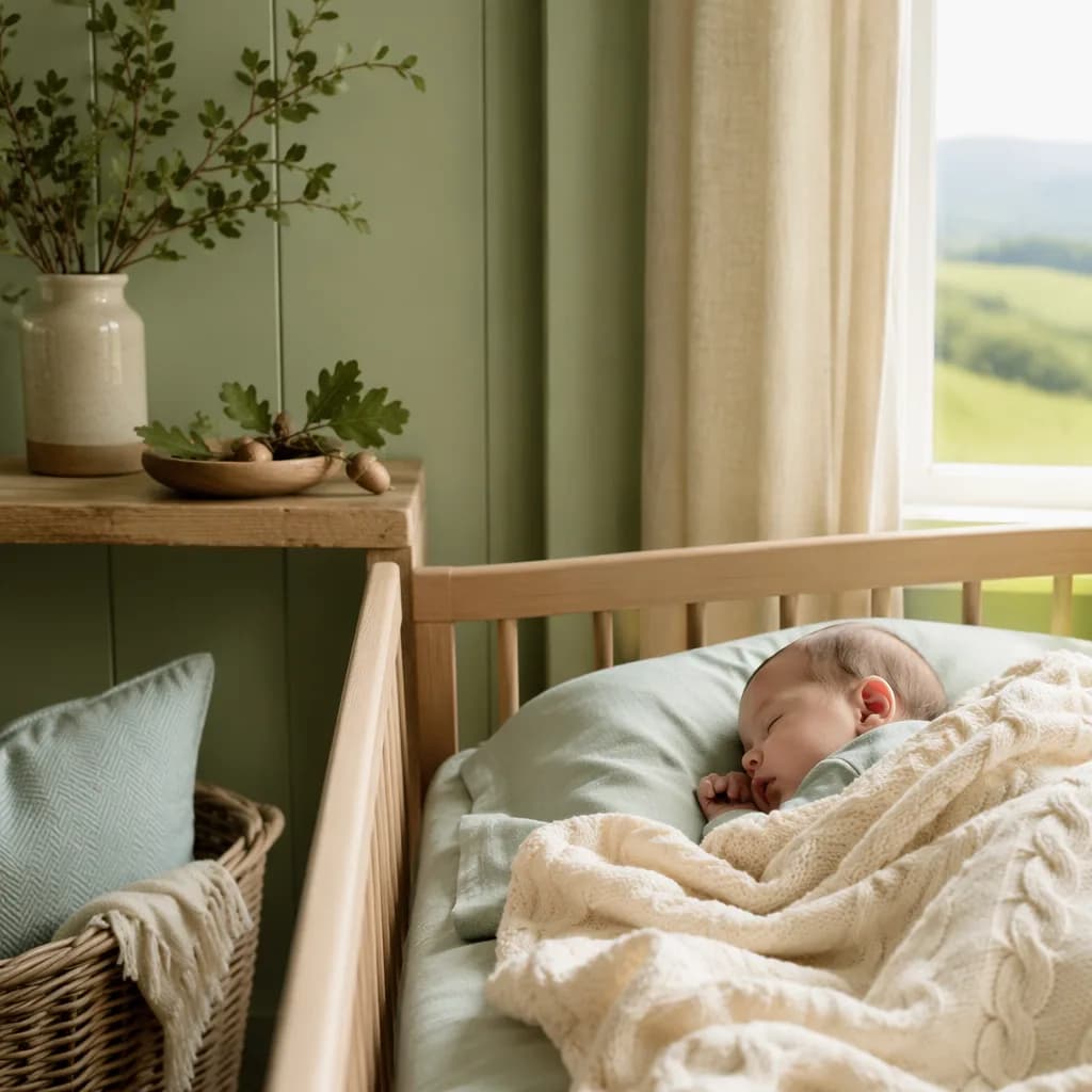 Cozy Irish-inspired nursery with a sleeping baby and oak leaf details.