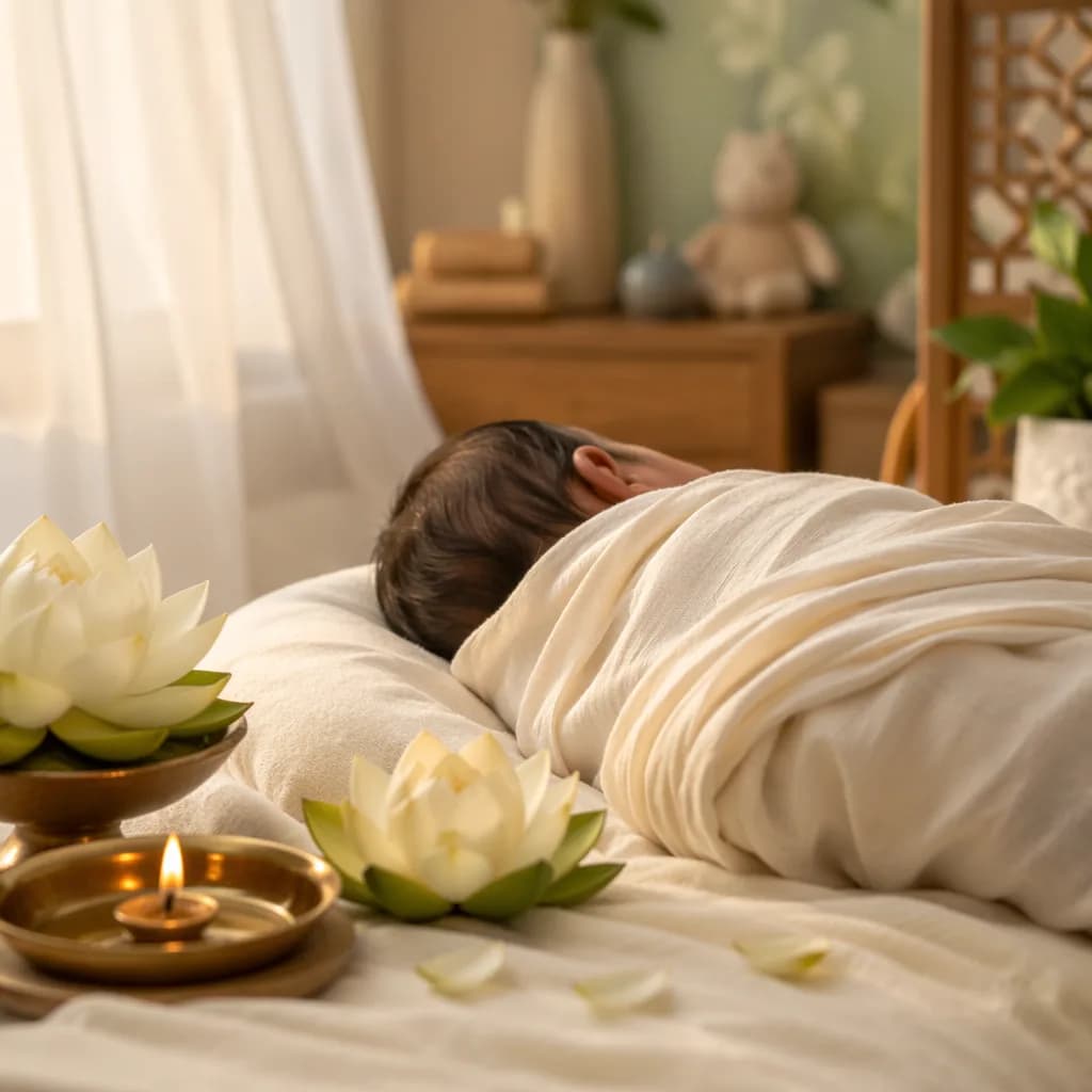A softly lit nursery with a swaddled baby, white lotus flowers, and a small brass diya.