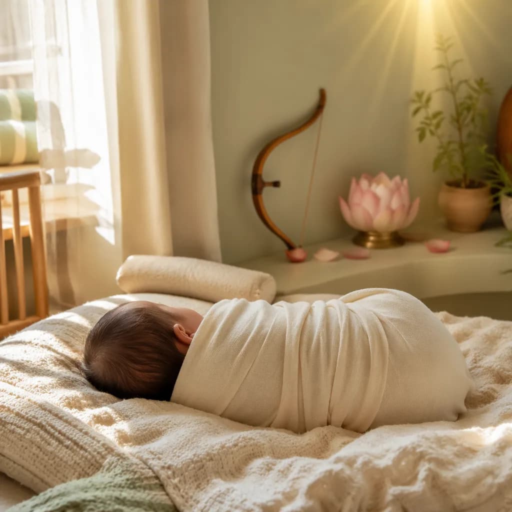 Peaceful swaddled baby in a soft Indian-inspired nursery with lotus and warm sunlight.