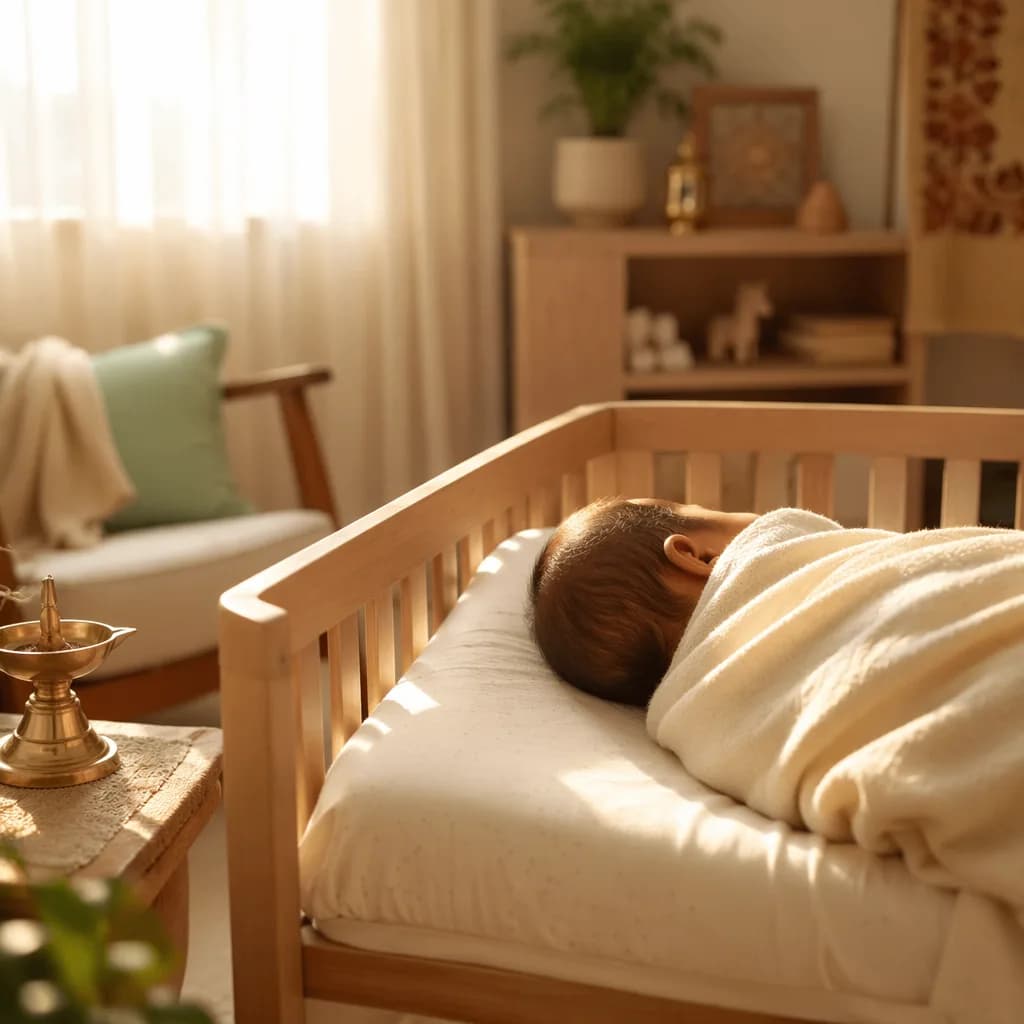 A peaceful pastel nursery with a swaddled baby in warm morning light, evoking vision and radiance.