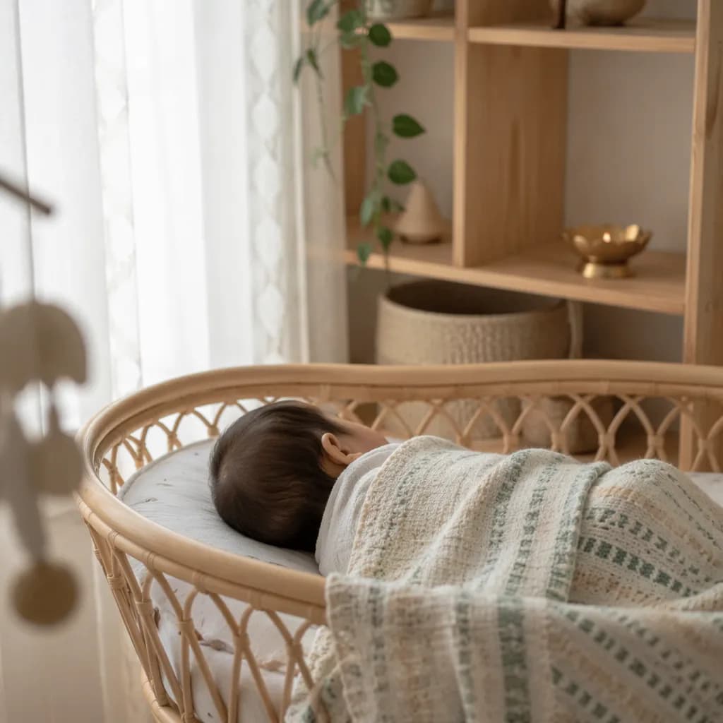 Peaceful baby in a soft pastel nursery with gentle Indian-inspired decor.