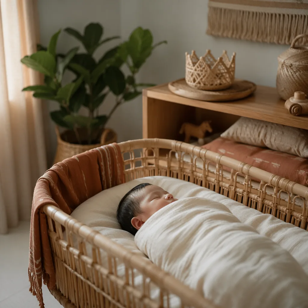 A peaceful nursery with a swaddled baby, woven Filipino-inspired details, and soft natural light.